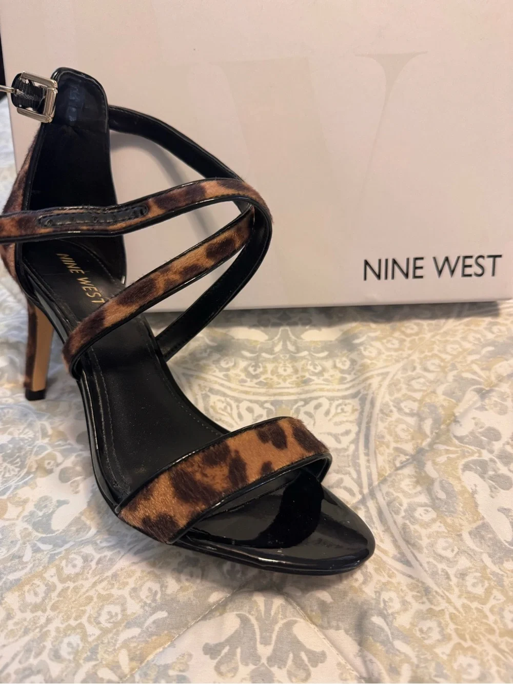 Nine West Black and Brown Leopard Stiletto Strap Sexy heels 👠